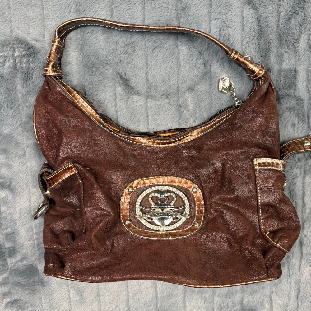 Kathy Van Zeeland Brown Pebbled Faux Leather Hobo Bag Rhinestone Heart Crown